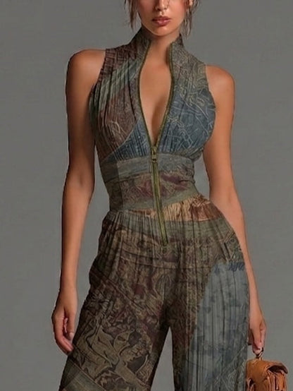 Tuta in chiffon con stampa etnica bohemiana, senza maniche, cerniera, plissettata, a gamba larga