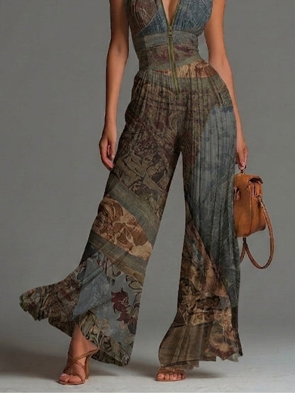 Tuta in chiffon con stampa etnica bohemiana, senza maniche, cerniera, plissettata, a gamba larga