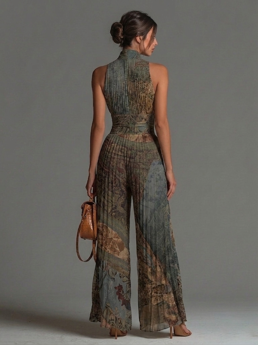 Tuta in chiffon con stampa etnica bohemiana, senza maniche, cerniera, plissettata, a gamba larga