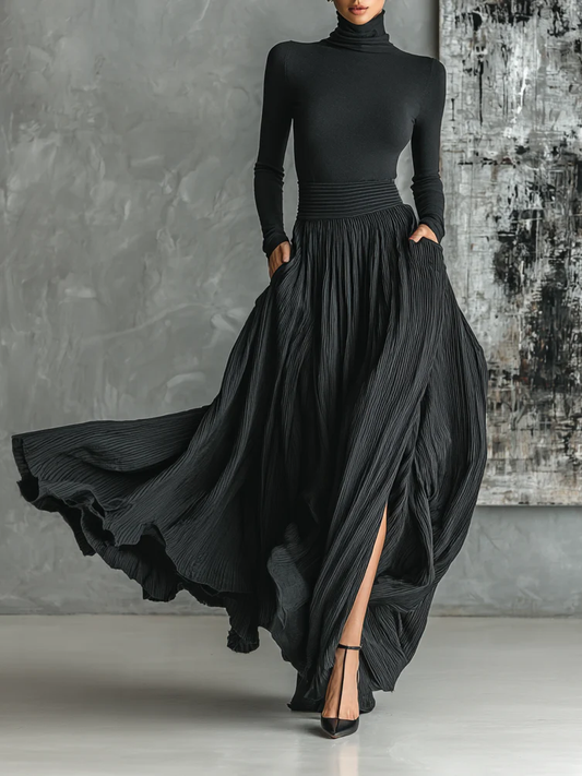 Alison Set maglia a collo alto e gonna plissettata nera