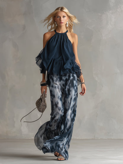 Ludovica | Top all'halter blu navy elegante e completo stampato con pantaloni a palazzo