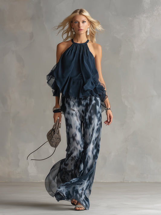 Ludovica – Set elegante in chiffon con top a collo alto e pantaloni palazzo stampati • S1