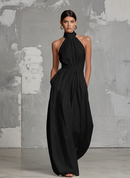 Zoltán | Tuta bianca elegante in tessuto intrecciato, senza maniche, con scollo a halterneck • S1