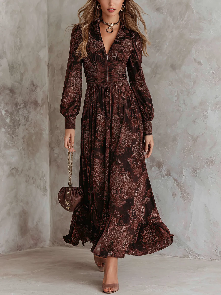 Amelia – Abito maxi con stampa paisley, cerniera e maniche lunghe