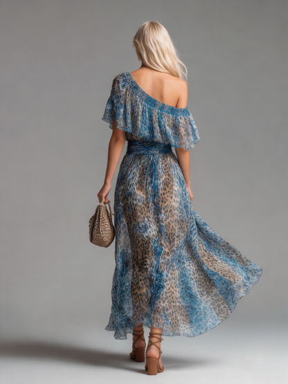 Wild - Abito lungo in chiffon con stampa leopardata e spalle scoperte