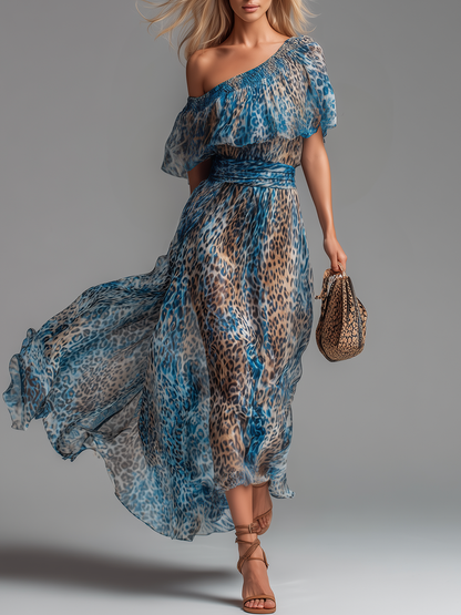 Wild - Abito lungo in chiffon con stampa leopardata e spalle scoperte