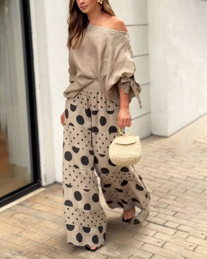 Abby Set di top casual a spalla e pantaloni stampati