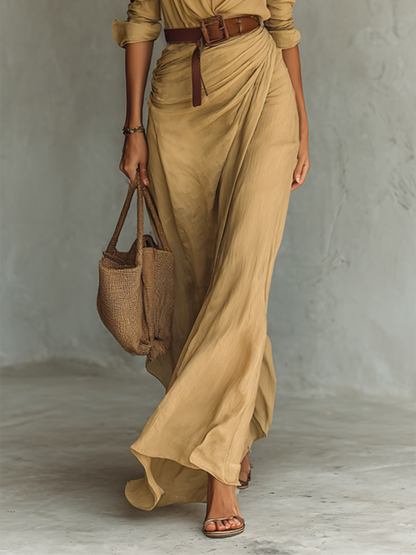 Vestito lungo maxi da donna con colletto a revers e maniche lunghe