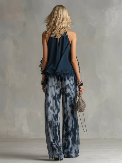 Ludovica | Top all'halter blu navy elegante e completo stampato con pantaloni a palazzo