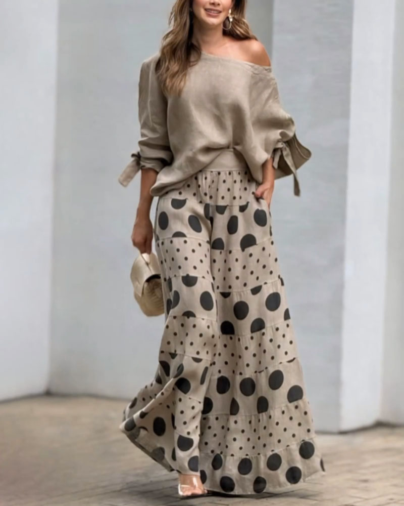 Abby Set di top casual a spalla e pantaloni stampati