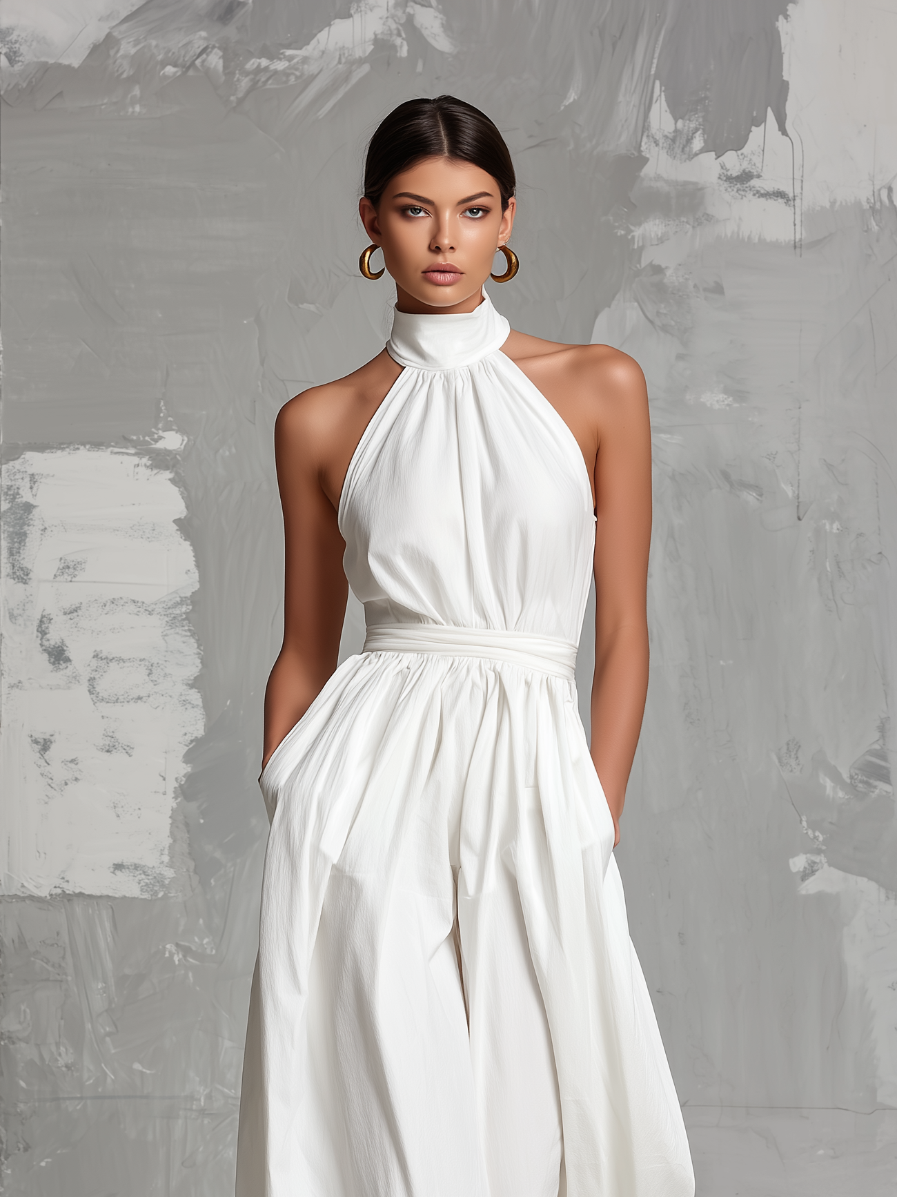 Zoltán | Tuta bianca elegante in tessuto intrecciato, senza maniche, con scollo a halterneck • S1