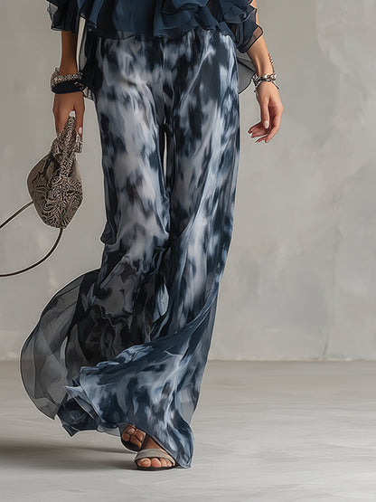 Ludovica | Top all'halter blu navy elegante e completo stampato con pantaloni a palazzo