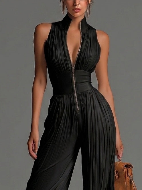 Tuta nera in chiffon con scollo a V, senza maniche, zip frontale, con pieghe, pantaloni a palazzo