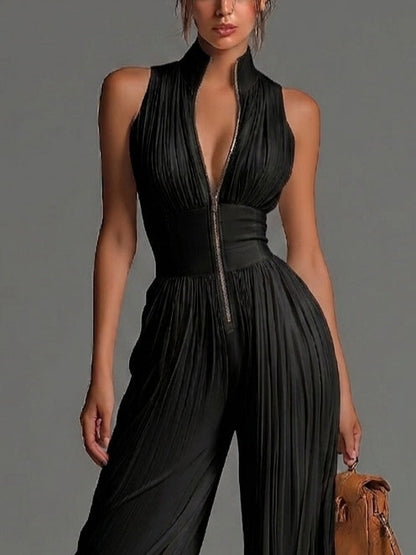 Tuta nera in chiffon con scollo a V, senza maniche, zip frontale, con pieghe, pantaloni a palazzo