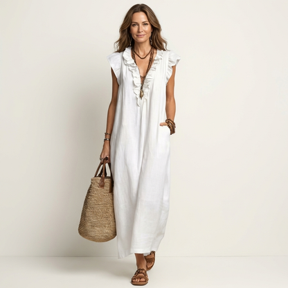Josette | Vestito lungo in lino con scollo a V e volant