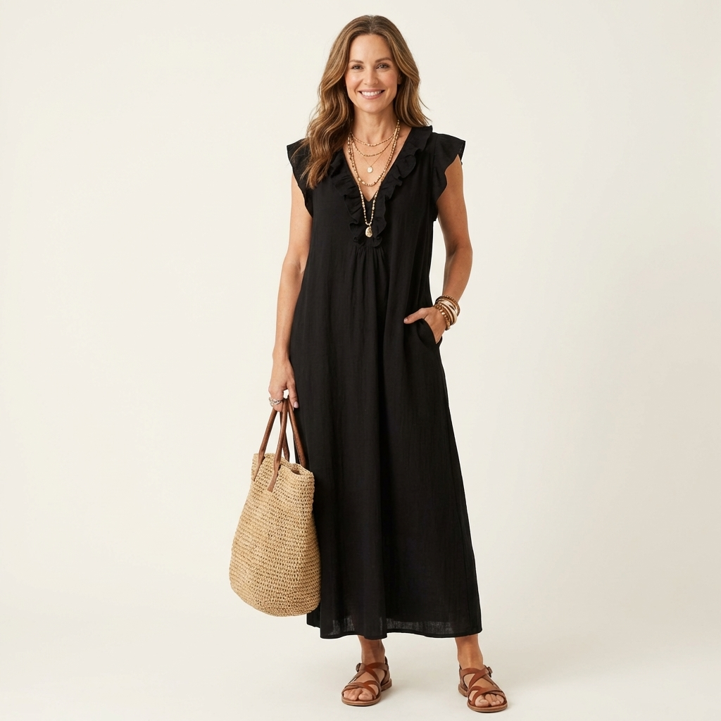 Josette | Vestito lungo in lino con scollo a V e volant