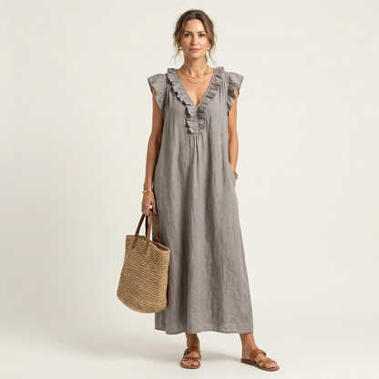 Josette | Vestito lungo in lino con scollo a V e volant