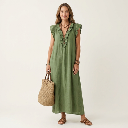 Josette | Vestito lungo in lino con scollo a V e volant