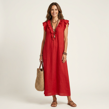 Josette | Vestito lungo in lino con scollo a V e volant