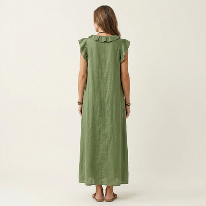 Josette | Vestito lungo in lino con scollo a V e volant