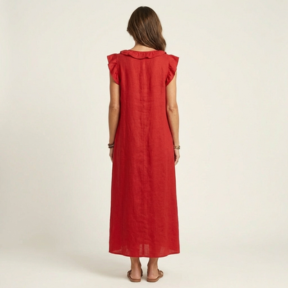 Josette | Vestito lungo in lino con scollo a V e volant