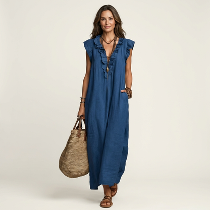 Josette | Vestito lungo in lino con scollo a V e volant