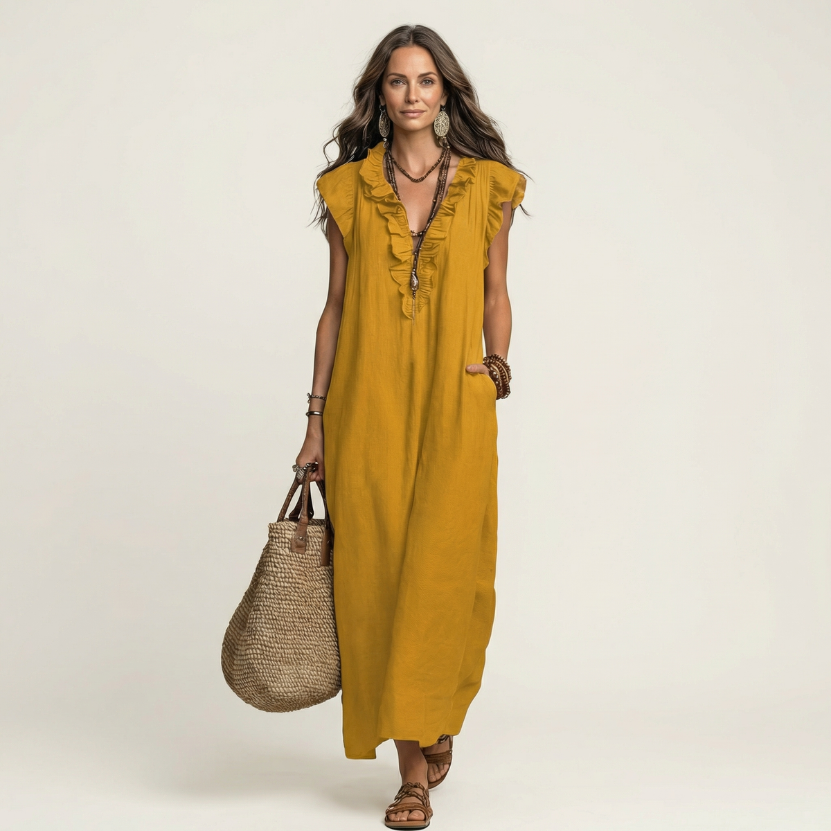 Josette | Vestito lungo in lino con scollo a V e volant