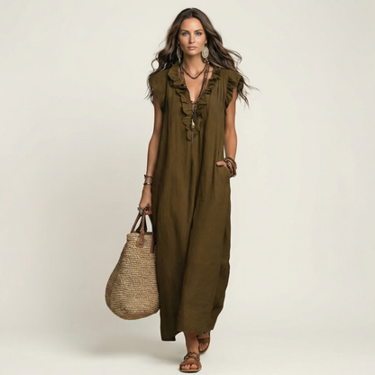 Josette | Vestito lungo in lino con scollo a V e volant