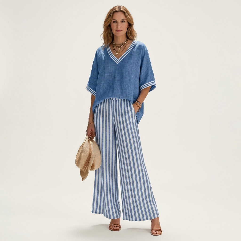 Juliana | Top da college con scollo a V e set di pantaloni a gamba larga a righe