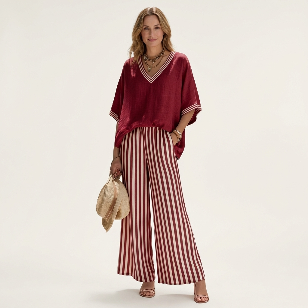 Juliana | Top da college con scollo a V e set di pantaloni a gamba larga a righe
