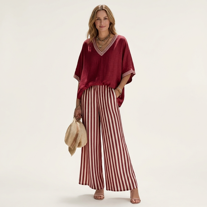 Juliana | Top da college con scollo a V e set di pantaloni a gamba larga a righe