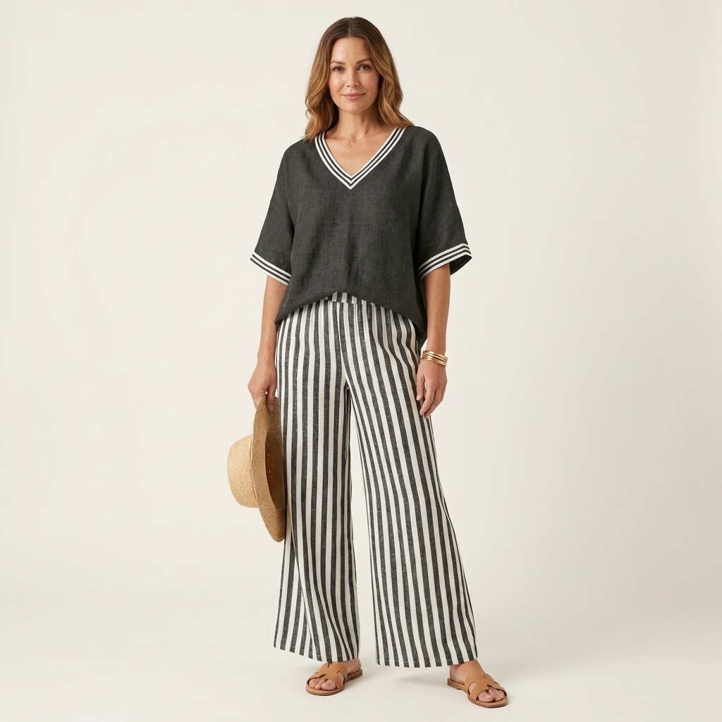 Juliana | Top da college con scollo a V e set di pantaloni a gamba larga a righe