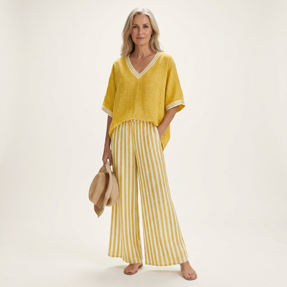 Juliana | Top da college con scollo a V e set di pantaloni a gamba larga a righe