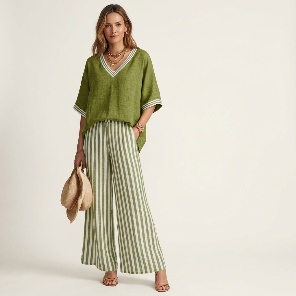 Juliana | Top da college con scollo a V e set di pantaloni a gamba larga a righe