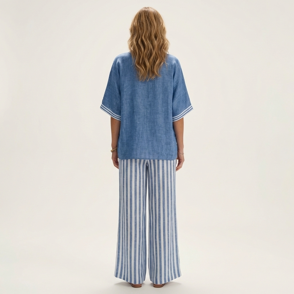 Juliana | Top da college con scollo a V e set di pantaloni a gamba larga a righe