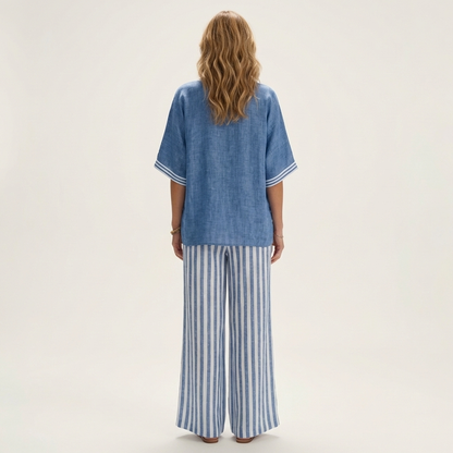 Juliana | Top da college con scollo a V e set di pantaloni a gamba larga a righe