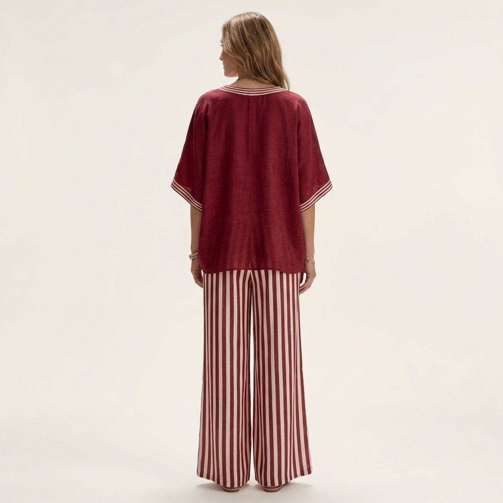 Juliana | Top da college con scollo a V e set di pantaloni a gamba larga a righe