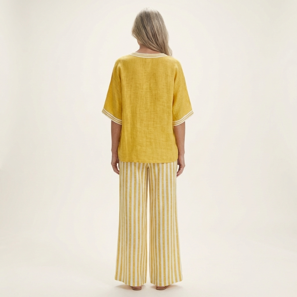 Juliana | Top da college con scollo a V e set di pantaloni a gamba larga a righe