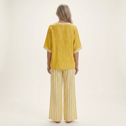 Juliana | Top da college con scollo a V e set di pantaloni a gamba larga a righe