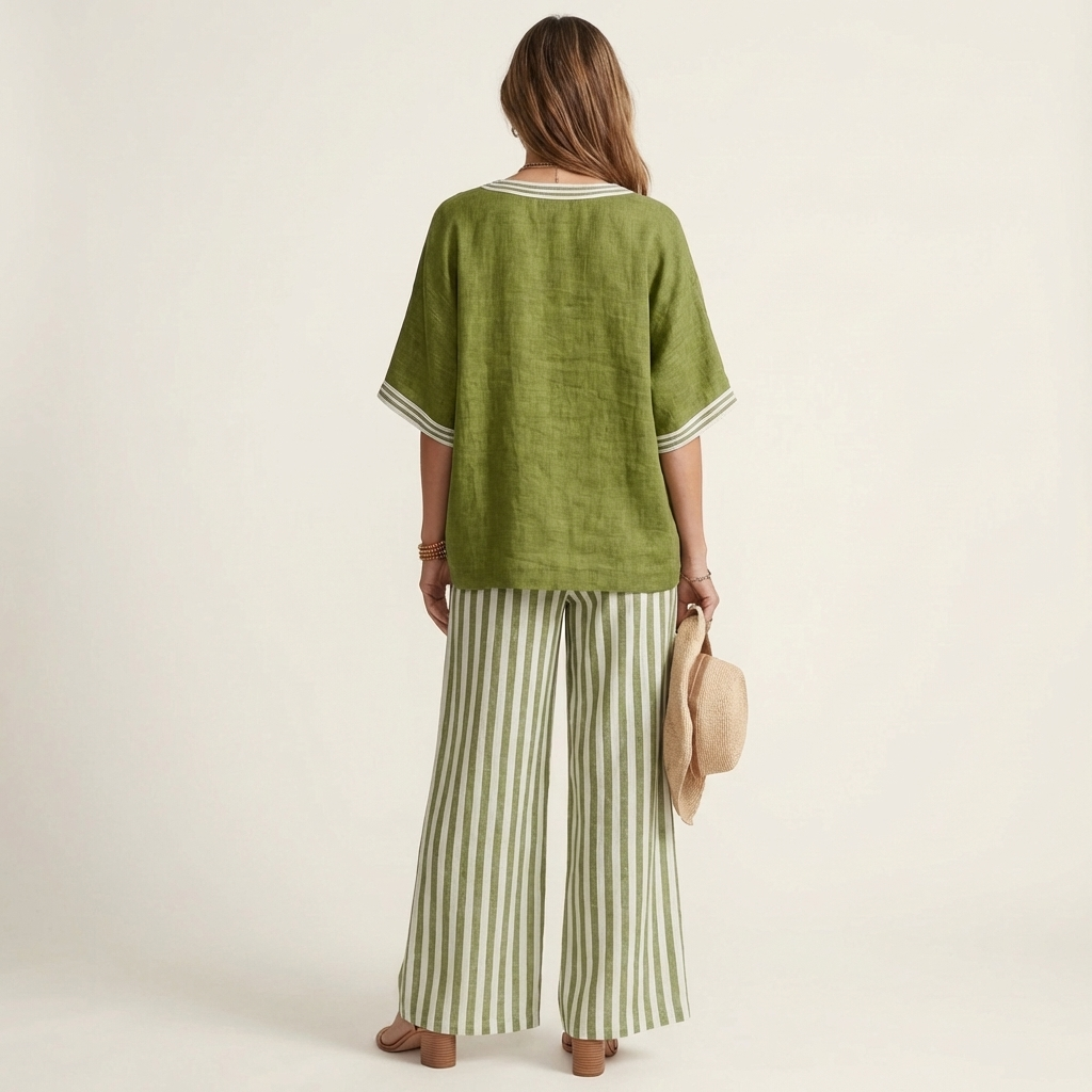 Juliana | Top da college con scollo a V e set di pantaloni a gamba larga a righe