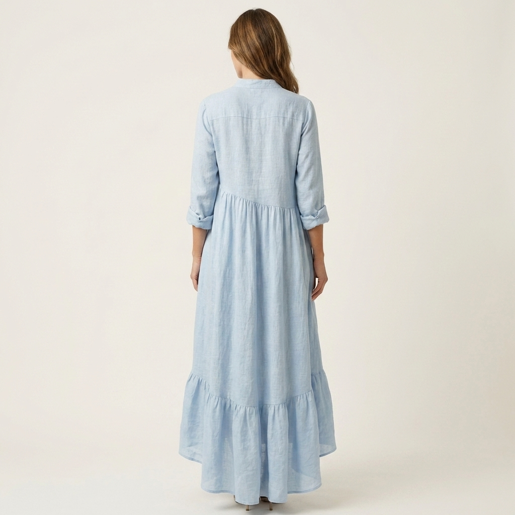 Jilana | Vestito lungo maxi con colletto rialzato, bottoni frontali e orlo a volant