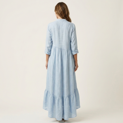 Jilana | Vestito lungo maxi con colletto rialzato, bottoni frontali e orlo a volant