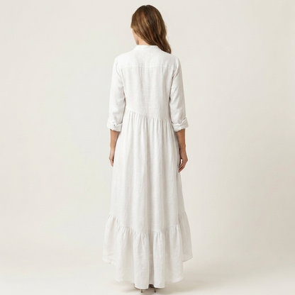 Jilana | Vestito lungo maxi con colletto rialzato, bottoni frontali e orlo a volant