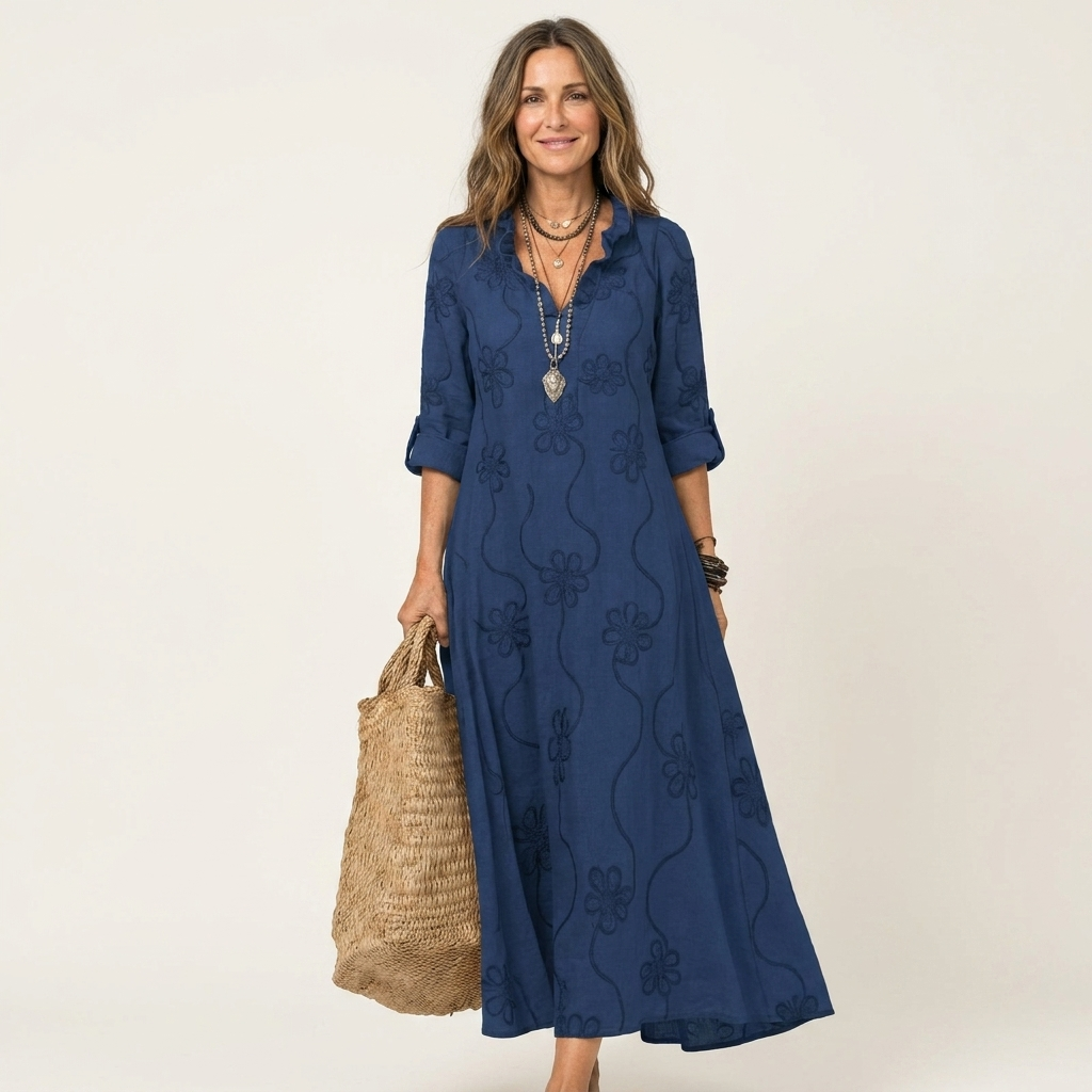 Mariam | Vestito lungo in cotone-lino con ricami floreali tono su tono