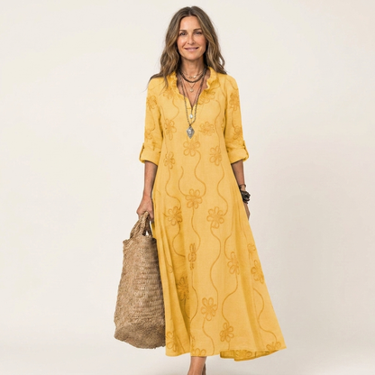 Mariam | Vestito lungo in cotone-lino con ricami floreali tono su tono