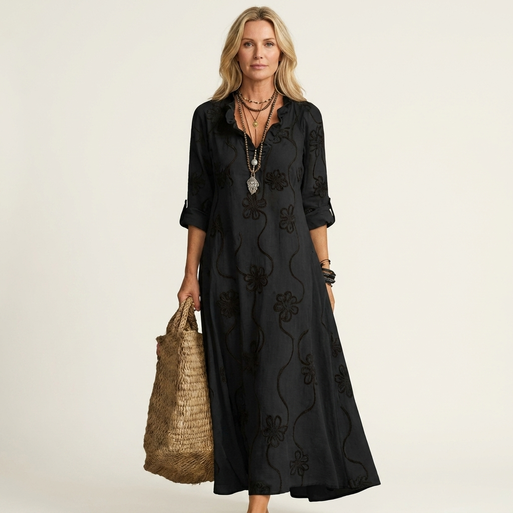 Mariam | Vestito lungo in cotone-lino con ricami floreali tono su tono
