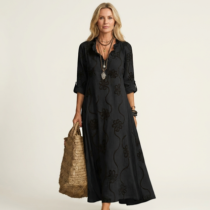 Mariam | Vestito lungo in cotone-lino con ricami floreali tono su tono