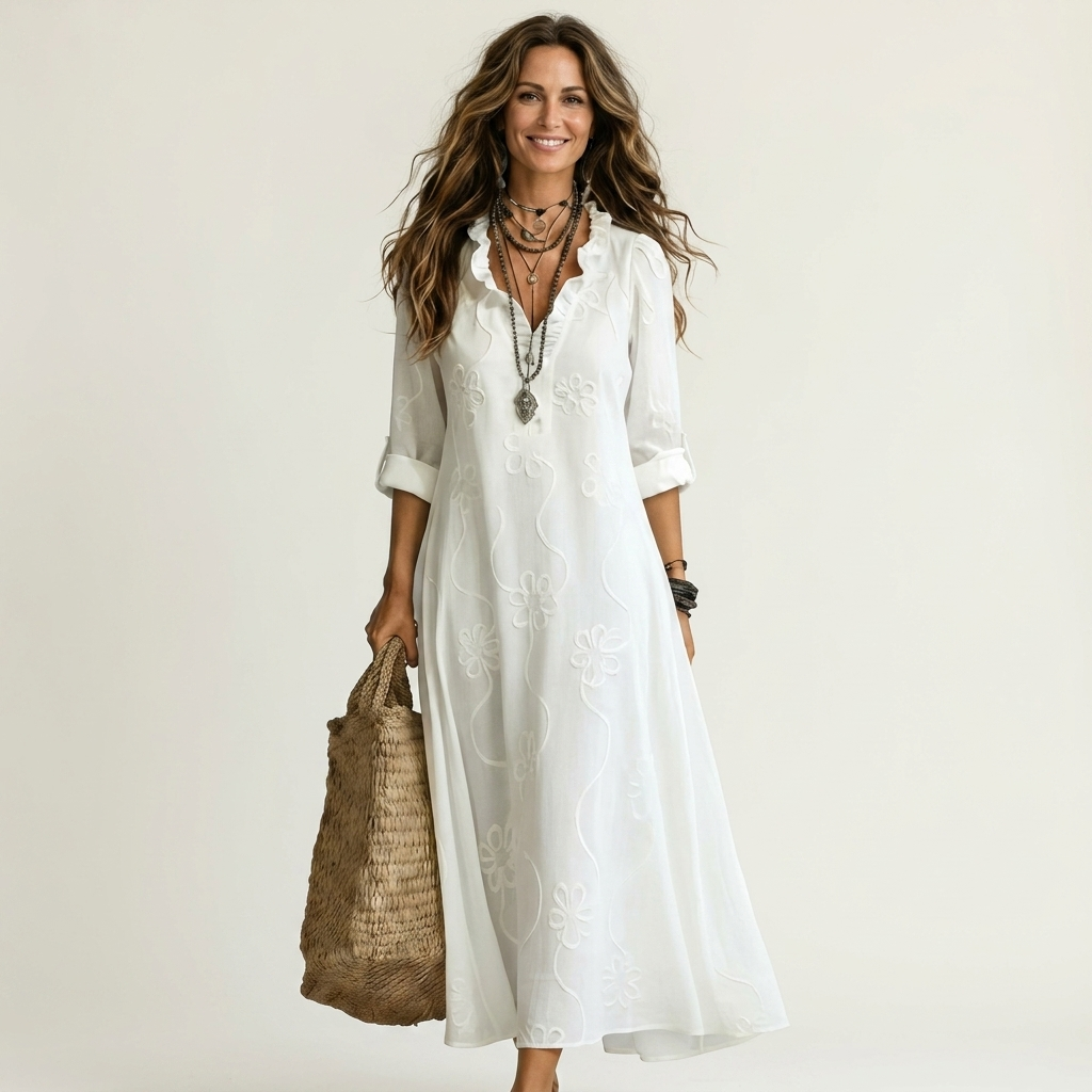 Mariam | Vestito lungo in cotone-lino con ricami floreali tono su tono