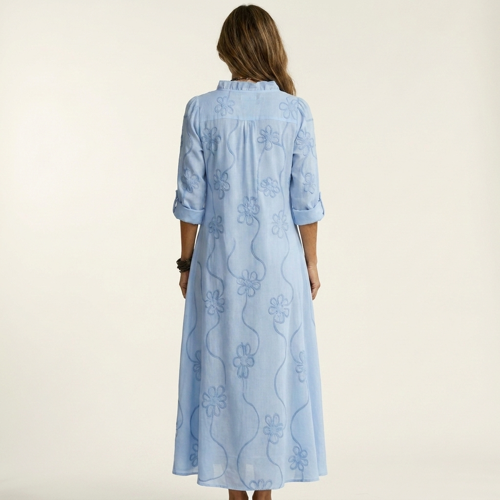 Mariam | Vestito lungo in cotone-lino con ricami floreali tono su tono