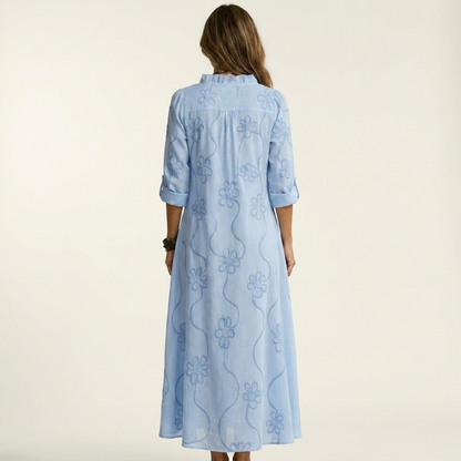 Mariam | Vestito lungo in cotone-lino con ricami floreali tono su tono